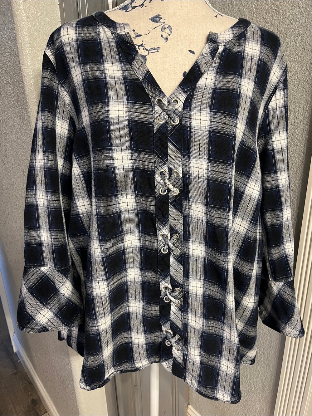 Skies Are Blue Navy and White Plaid Lace-Up Blouse